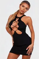 Çapraz Bağcıklı Damla Kesim Halter Yaka Siyah Mini Elbise For Dreams 8646 Siyah