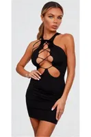 Çapraz Bağcıklı Damla Kesim Halter Yaka Siyah Mini Elbise For Dreams 8646 Siyah farklı açı