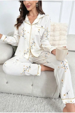 Çiçek Baskılı Cep Detaylı Düğmeli Uzun Kollu Pijama Takımı Bella Notte 7037.59