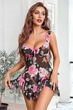 Çiçek Baskılı Kısa Etekli Siyah Fantazi Gecelik Feel Lady F235