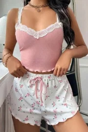 Çiçek Desenli Dantel Askılı Şortlu Pijama Takımı Ruselin 5200