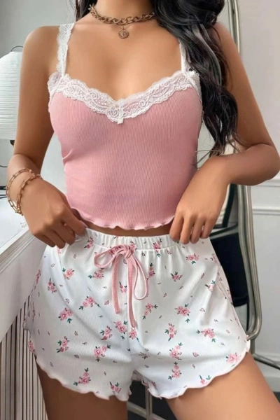 Çiçek Desenli Dantel Askılı Şortlu Pijama Takımı Ruselin 5200