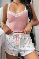 Çiçek Desenli Dantel Askılı Şortlu Pijama Takımı Ruselin 5200 Pembe