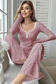 Ruselin Çiçek Desenli Yumuşak Pamuklu Uzun Pijama Takımı Ruselin 5132