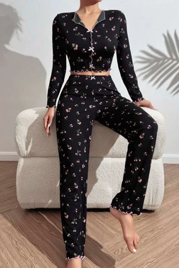 Ruselin Çiçek ve Fiyonk Desenli Yumuşak Pamuklu Uzun Pijama Takımı Ruselin 5134