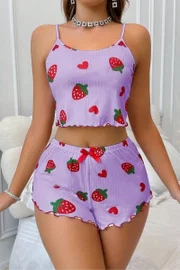 Çilek Desen Crop Şortlu Yazlık Lila Şort Takım Real Passione S-47
