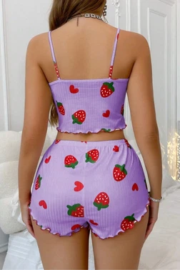 Çilek Desen Crop Şortlu Yazlık Lila Şort Takım Real Passione S-47 - Alternatif Görünüm