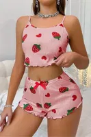 Çilek Desenli Crop Askılı Şort Yazlık Pijama Takımı Real Passione S-49 Pembe