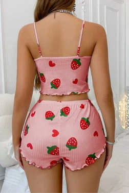 Çilek Desenli Crop Askılı Şort Yazlık Pijama Takımı Real Passione S-49 - Alternatif Görünüm