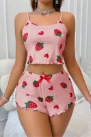 Çilek Desenli Crop Askılı Şort Yazlık Pijama Takımı Real Passione S-49 Pembe görsel 4