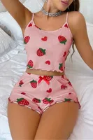 Çilek Desenli Crop Askılı Şort Yazlık Pijama Takımı Real Passione S-49 Pembe farklı açı