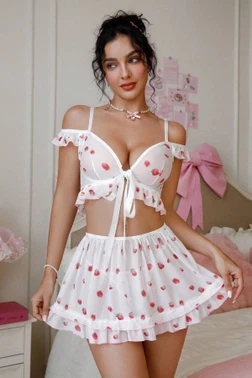 Çilek Desenli Fırfırlı Askılı Büstiyer Etek Takım Bella Notte 17525