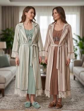 Çizgili Dokuma Kadın 2'li Pijama Takımı Bone Club 6326 - Alternatif Görünüm
