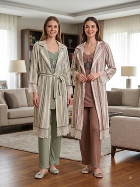 Çizgili Dokuma Kadın 3'lü Pijama Takımı Bone Club 6325 - Alternatif Görünüm