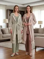 Çizgili Dokuma Kadın 3'lü Pijama Takımı Bone Club 6325 detay görünüm