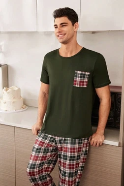 Çok Renkli Cep Detaylı Kısa Kollu Düz Üst Ekose Alt Erkek Çift Pijama Takımı Bella Notte CP-7573 - Alternatif Görünüm