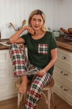Çok Renkli Cep Detaylı Kısa Kollu Kadın Çift Pijama Takımı Bella Notte CP-7575