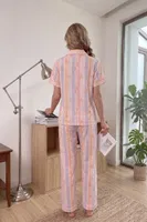 Çok Renkli Pastel Çizgili Fiyonk Desenli Kısa Kollu Düğmeli Kadın Pijama Takımı Bella Notte 77639 Çok Renkli görsel 6