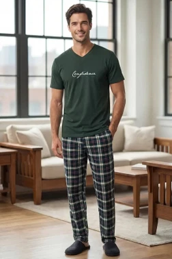 Confidance Yeşil Kısa Kollu Ekose Erkek Pijama Takım Tekten 8210