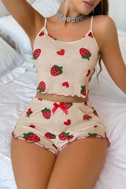 Crop Çilekli Askılı Yazlık Şort Takım Real Passione S-50