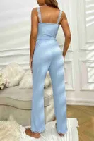 Dantel Askılı Ribanalı Crop ve Uzun Dantel Paça Pijama Takımı Merry See MS 4439 Mavi Mavi detay görünüm