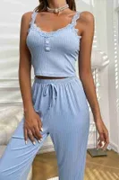 Dantel Askılı Ribanalı Crop ve Uzun Dantel Paça Pijama Takımı Merry See MS 4439 Mavi Mavi görsel 5