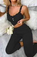 Dantel Askılı Ribanalı Crop ve Uzun Dantel Paça Pijama Takımı Merry See MS4439 Siyah Siyah görsel 4