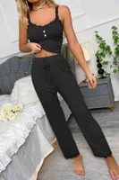 Dantel Askılı Ribanalı Crop ve Uzun Dantel Paça Pijama Takımı Merry See MS4439 Siyah Siyah görsel 5