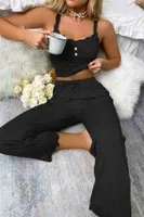 Dantel Askılı Ribanalı Crop ve Uzun Dantel Paça Pijama Takımı Merry See MS4439 Siyah Siyah