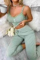 Dantel Askılı Ribanalı Crop ve Uzun Dantel Paça Pijama Takımı Merry See MS4439 Yeşil Yeşil görsel 4