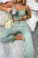 Dantel Askılı Ribanalı Crop ve Uzun Dantel Paça Pijama Takımı Merry See MS4439 Yeşil Yeşil detay görünüm