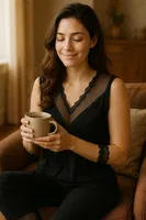 Dantel Detaylı Derin V Yaka İpeksi Gecelik Takımı Venlisa V7200 Siyah görsel 4