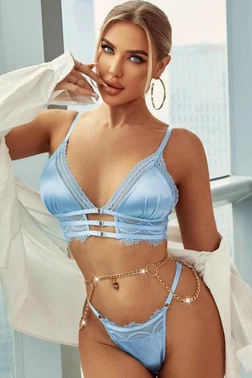 For Dreams Dantel İşlemeli Elegant Zincir Detaylı Mavi Sütyen Takım For Dreams 8411