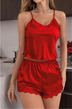 Real Passione Dantel Kenarlı Saten Kırmızı Şort Takım Real Passione 1135