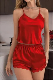 Real Passione Dantel Kenarlı Saten Kırmızı Şort Takım Real Passione 1135