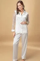 Dantel Kollu Saten Gömlek Tİpi Pijama Takım Nurteks 5673 Ekru