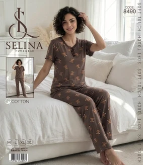 Tekten Dantel Yakalı Ayıcık Desenli Kahverengi Kadın Kısa Kollu Pijama Takım Selina 8490
