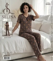 Tekten Dantel Yakalı Ayıcık Desenli Kahverengi Kadın Kısa Kollu Pijama Takım Selina 8490