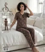 Dantel Yakalı Ayıcık Desenli Kahverengi Kadın Kısa Kollu Pijama Takım Selina 8490 Görsel