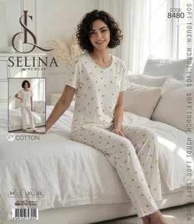 Tekten Dantel Yakalı Beyaz Kadın Kısa Kollu Pijama Takım Selina 8480