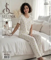 Tekten Dantel Yakalı Beyaz Kadın Kısa Kollu Pijama Takım Selina 8480