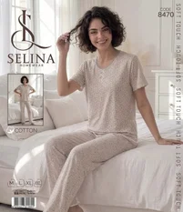 Tekten Dantel Yakalı Ekru Kadın Kısa Kollu Pijama Takım Selina 8470