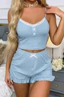 Dantelli Askılı Crop Üst ve Fırfır Paça Mini Şortlu Pijama Takım Merry See MS4438 Mavi Mavi görsel 4