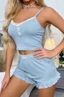 Dantelli Askılı Crop Üst ve Fırfır Paça Mini Şortlu Pijama Takım Merry See MS4438 Mavi Mavi görsel 5