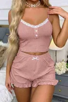 Dantelli Askılı Crop Üst ve Fırfır Paça Mini Şortlu Pijama Takım Merry See MS4438 Pembe Pembe görsel 4
