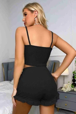 Dantelli Askılı Crop Üst ve Fırfır Paça Mini Şortlu Pijama Takım Merry See MS4438 Siyah - Alternatif Görünüm