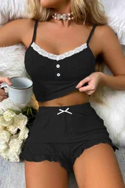 Dantelli Askılı Crop Üst ve Fırfır Paça Mini Şortlu Pijama Takım Merry See MS4438 Siyah