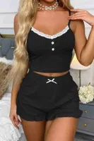 Dantelli Askılı Crop Üst ve Fırfır Paça Mini Şortlu Pijama Takım Merry See MS4438 Siyah Siyah görsel 5