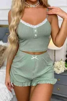 Dantelli Askılı Crop Üst ve Fırfır Paça Mini Şortlu Pijama Takım Merry See MS4438 Yeşil Yeşil görsel 4