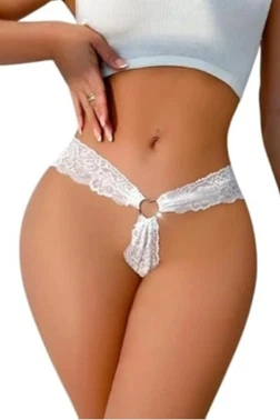 Dantelli Beyaz Şeritli Kalp Aksesuarllı Kadın Tanga Feel Lady F1058